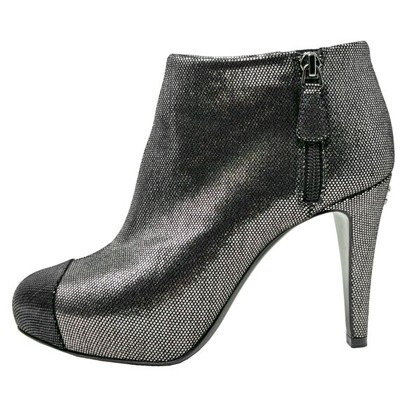 Chanel Cap Toe Silver Metallic Leather Interlocking Logo High Heels Ankle Boots - Picture 1 of 11